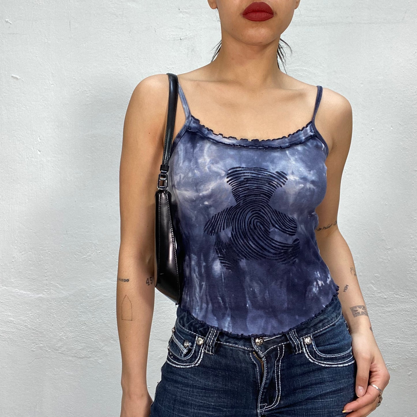 Vintage 2000's Blue Batik Top with Black Teddy Print (S)