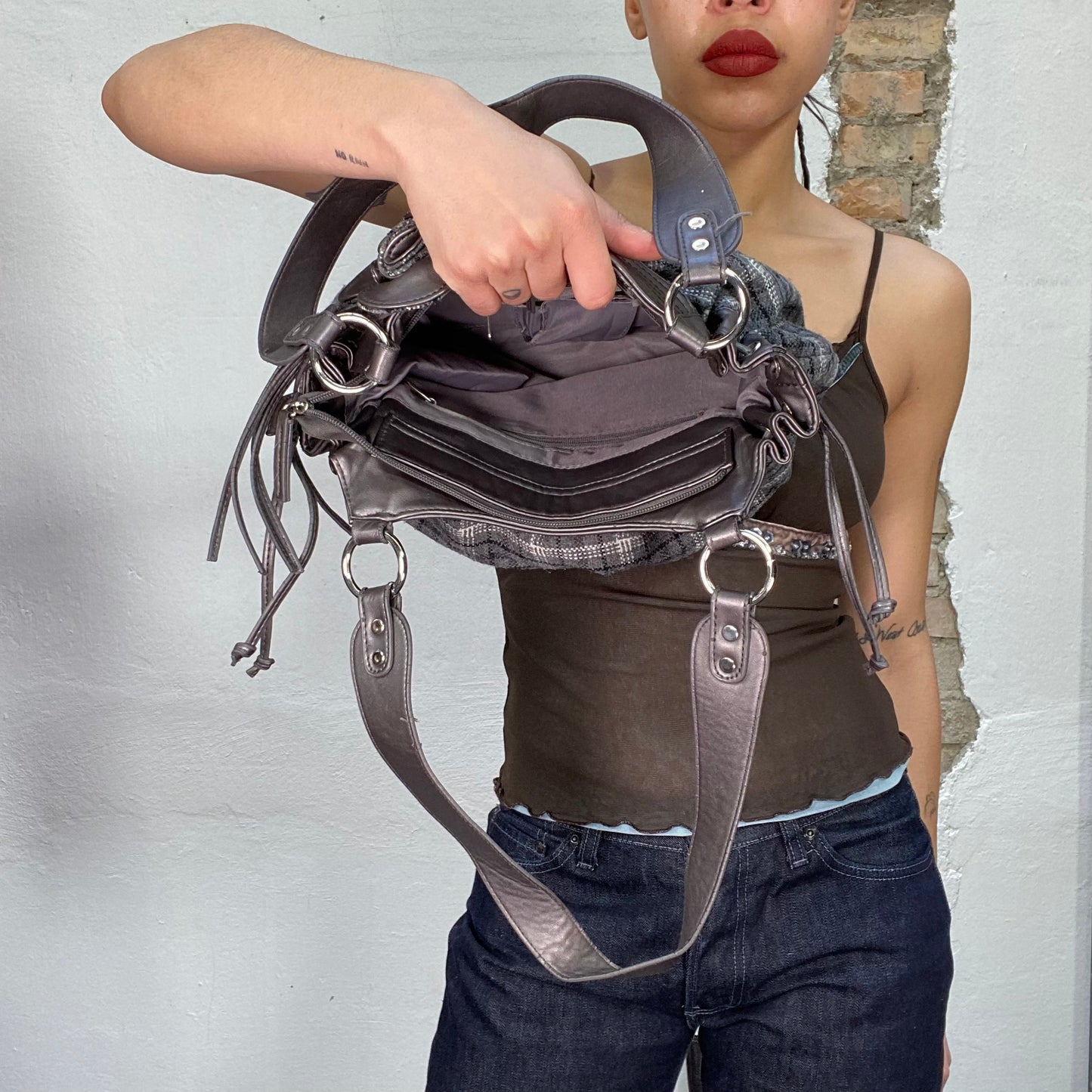 Vintage 2000's Gilmore Girls Grey Plaid Slouchy Shoulder Bag with Brown Leather Details