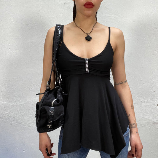 Vintage 2000's Downtown Girl Black Baby Doll Top with Rhinestone Detail (S)