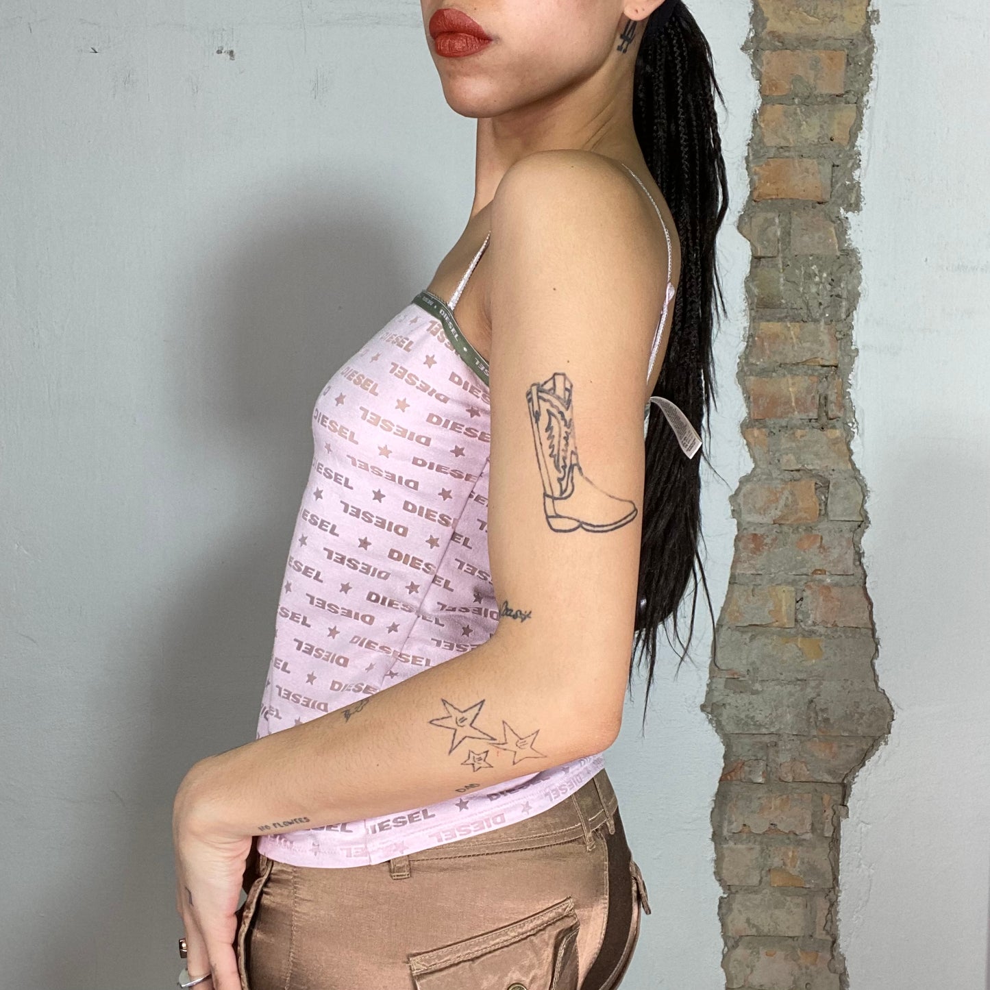 Vintage 2000's Diesel baby Pink Monogram Top with Khaki Trim (M)