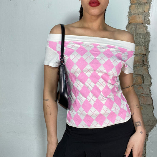 Vintage 2000's Soft Girl Pink and White Off Shoulder Shirt with Argyle Print (S/M)