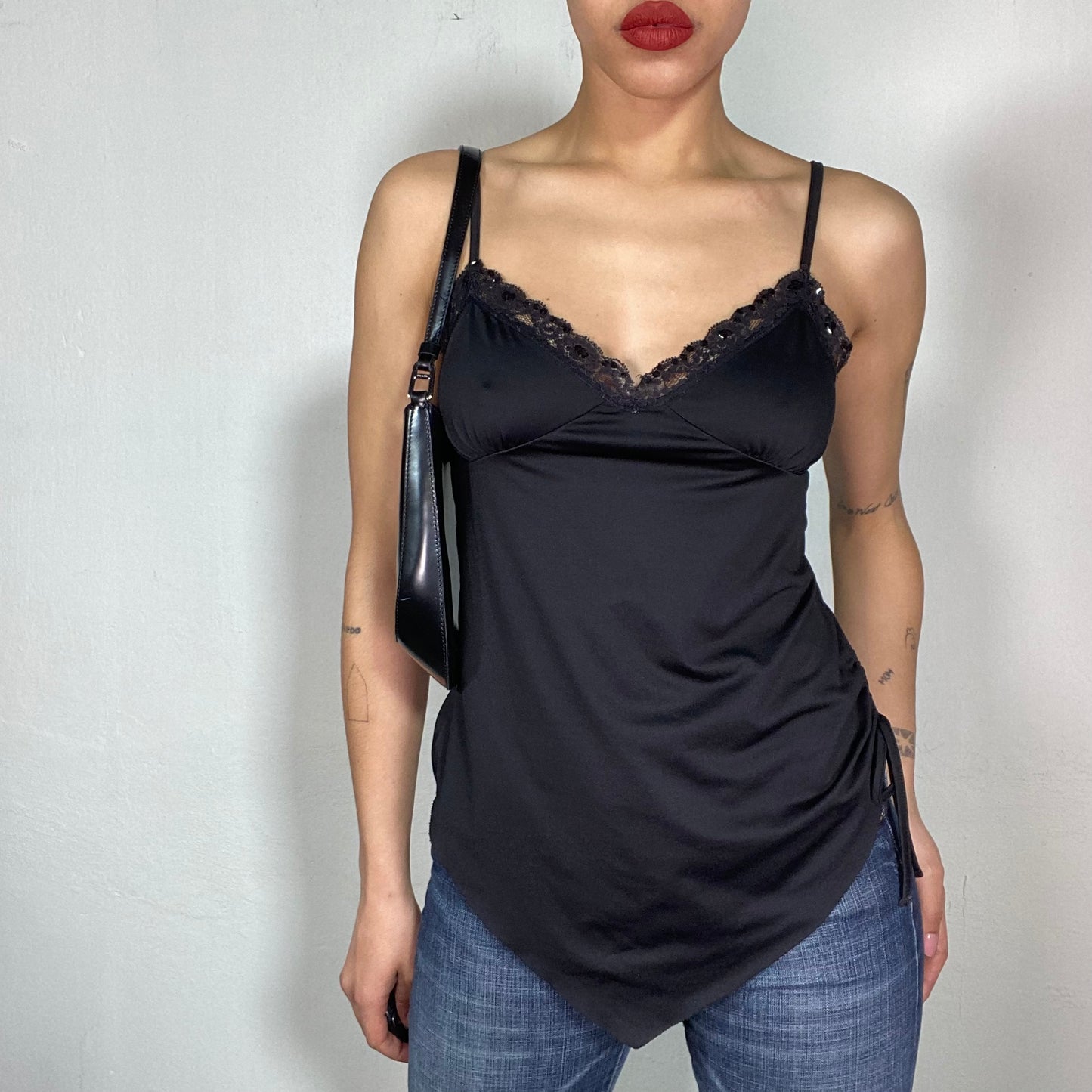 Vintage 2000's Model Off Duty Black Long Cami Top with Triangle Hem (S)