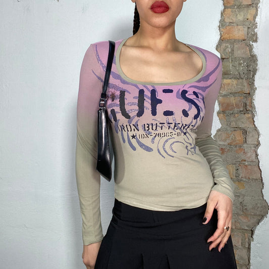 Vintage 2000's Guess Lilac and Beige Longsleeve with Funky Butterfly and Logo Print (S)