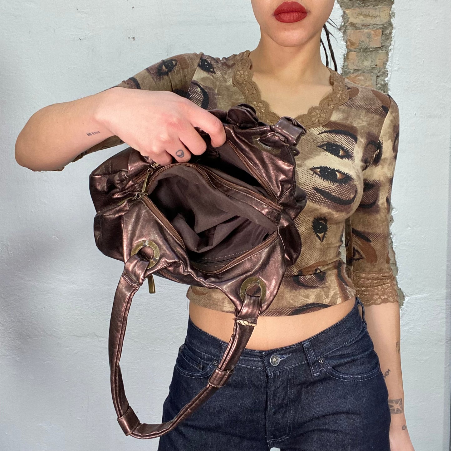 Vintage 2000's Brown Metallic Shimmery Bag with Flower Details