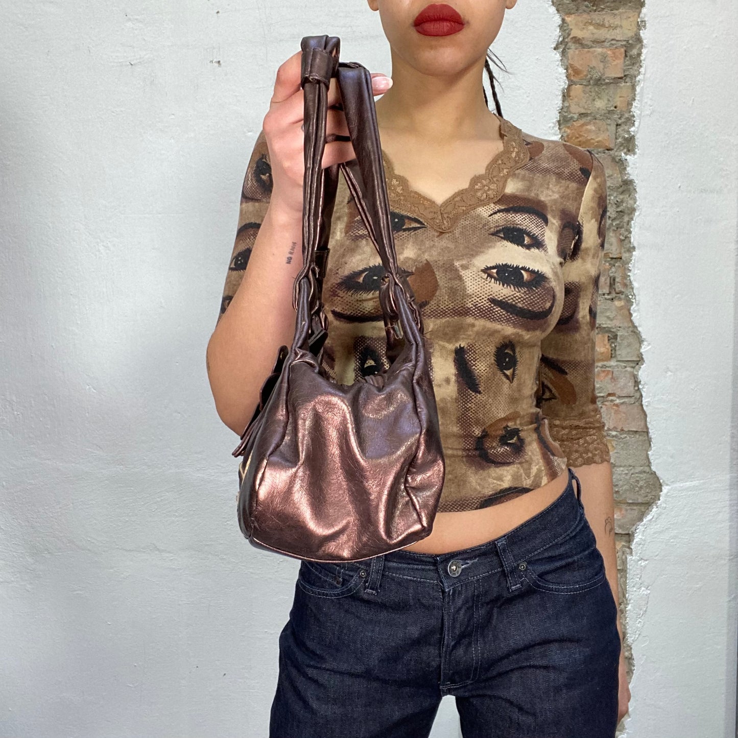 Vintage 2000's Brown Metallic Shimmery Bag with Flower Details