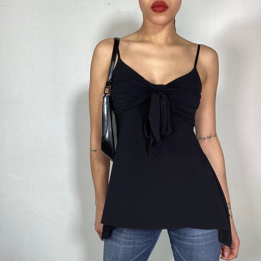 Vintage 2000's Model Off Duty Black Long Asymmetrical Top with Tie Detail (S)