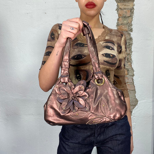 Vintage 2000's Brown Metallic Shimmery Bag with Flower Details