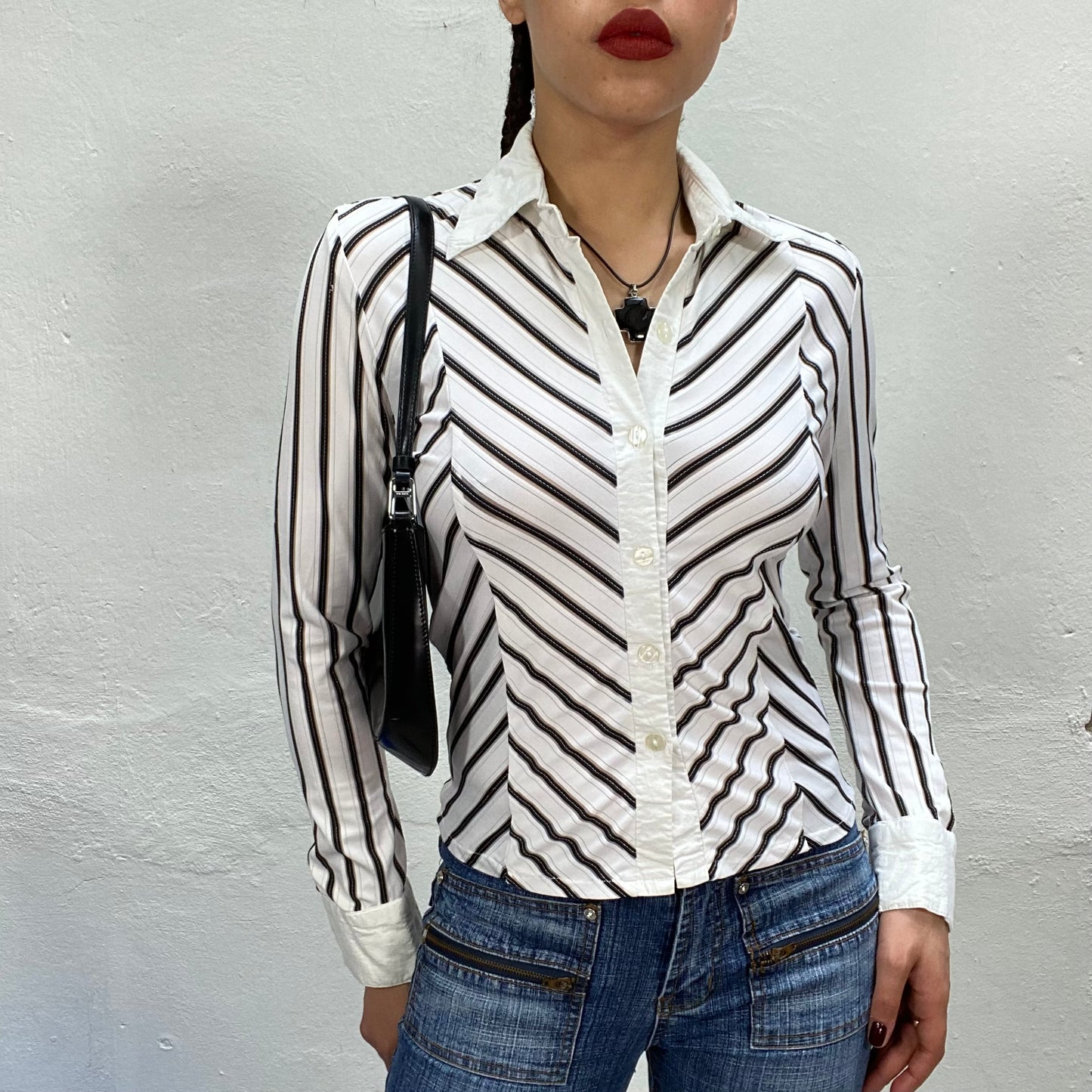 Vintage 90's Rachel Green White V-Striped Button Up Blouse (S)