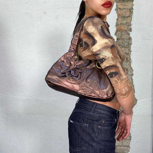Vintage 2000's Brown Metallic Shimmery Bag with Flower Details