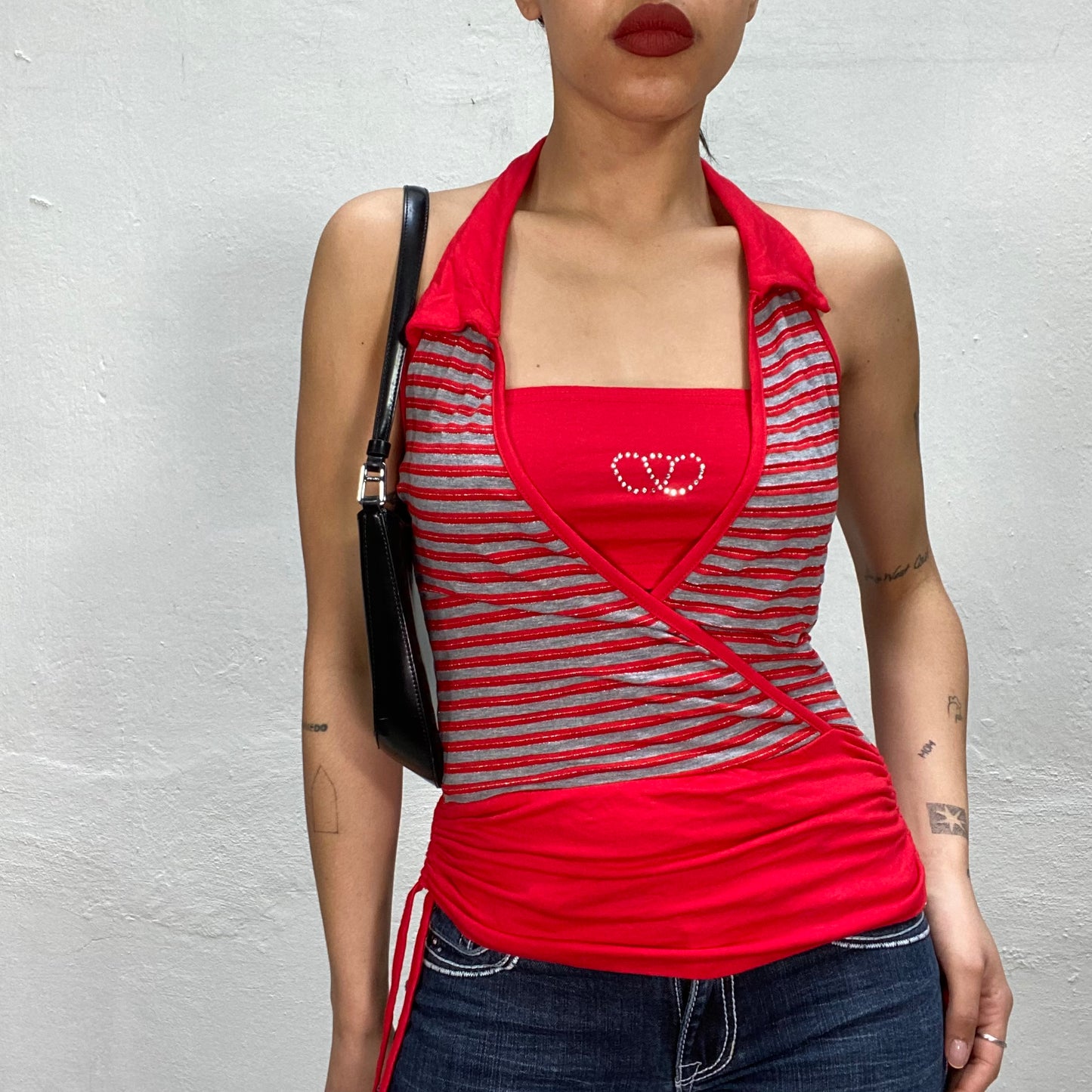 Vintage 2000's Red and Grey Striped Halter Neck Top (S/M)