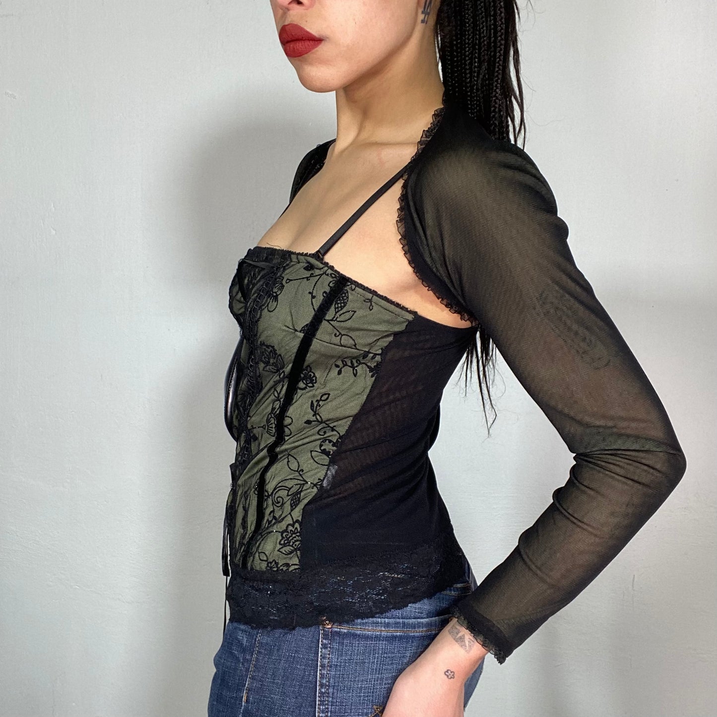 Vintage 2000's Grunge Khaki Cami Top with Black Mesh Bolero (S)