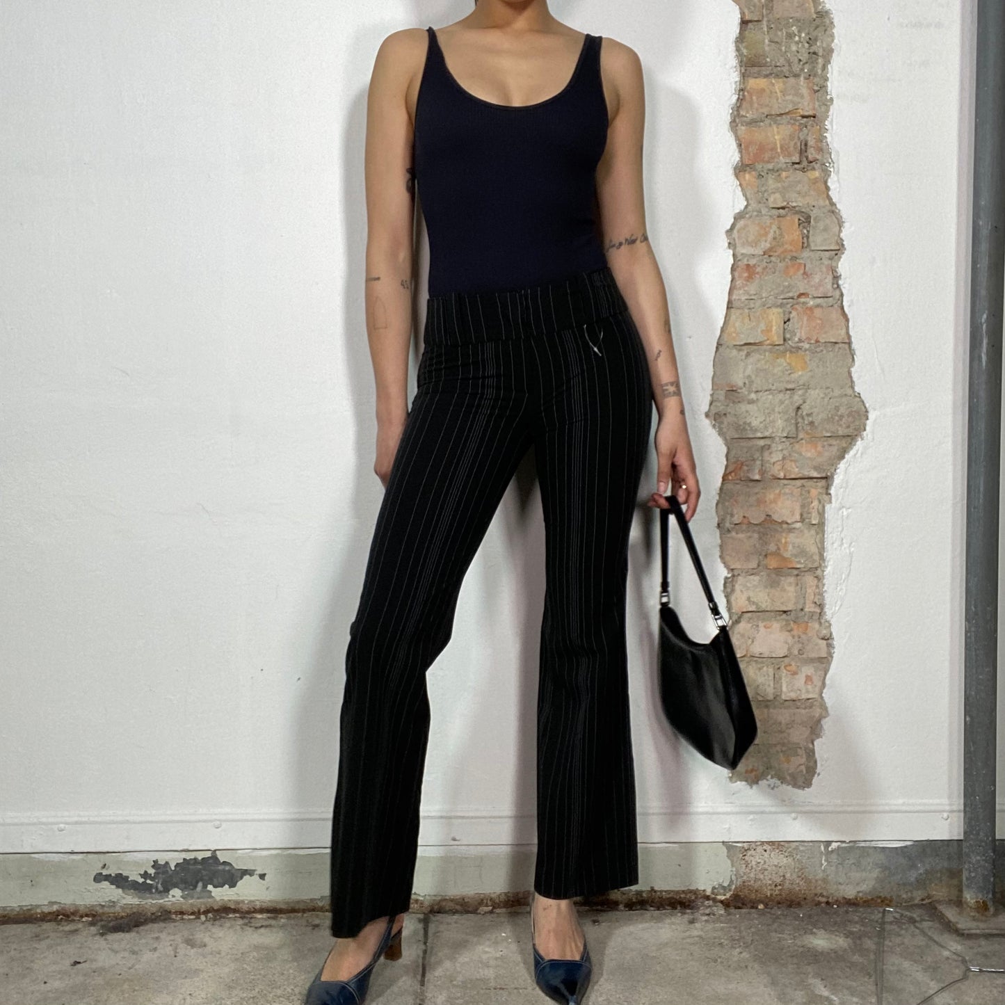 Vintage 90's Office Wear Black Pinstripe Flared Pants (S)