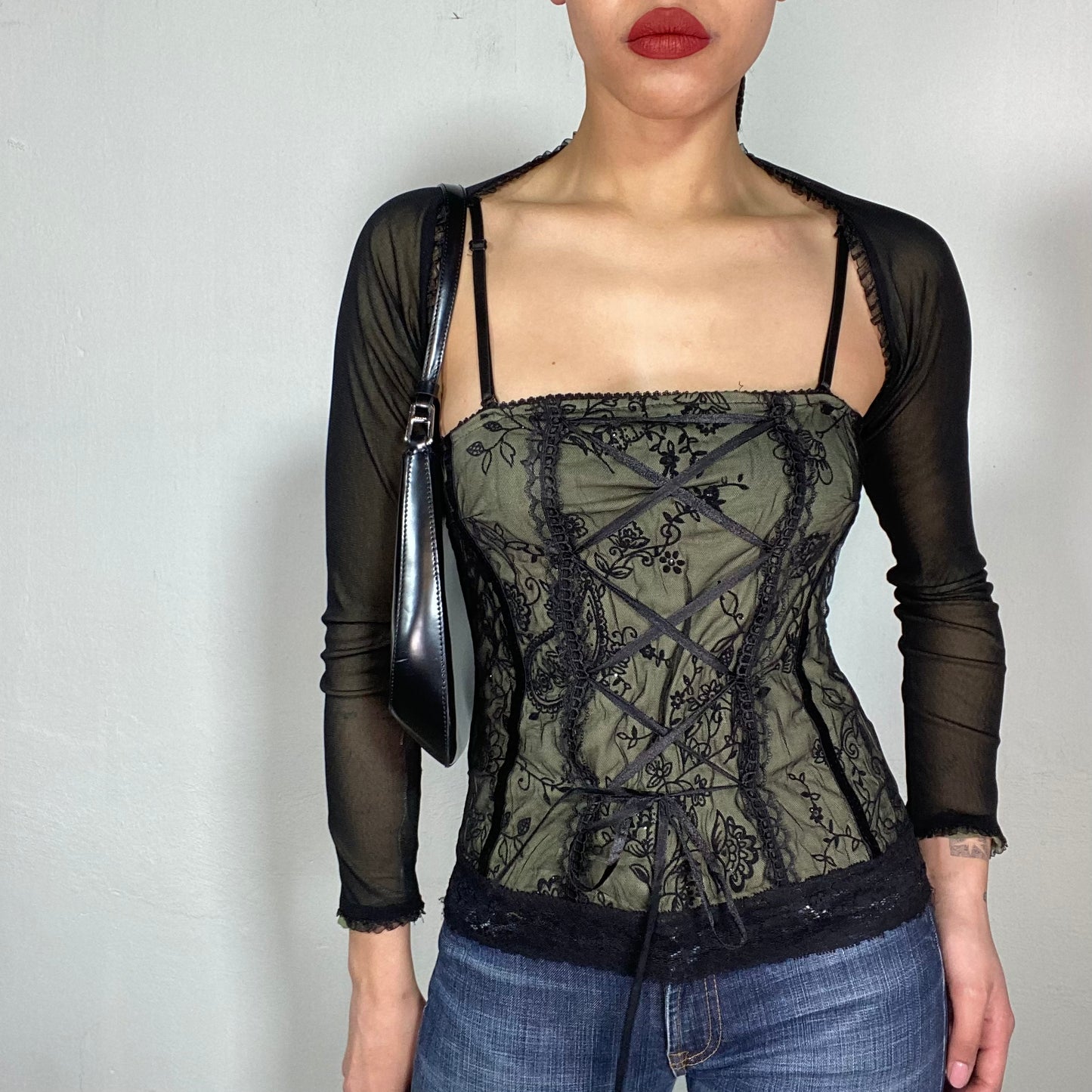 Vintage 2000's Grunge Khaki Cami Top with Black Mesh Bolero (S)