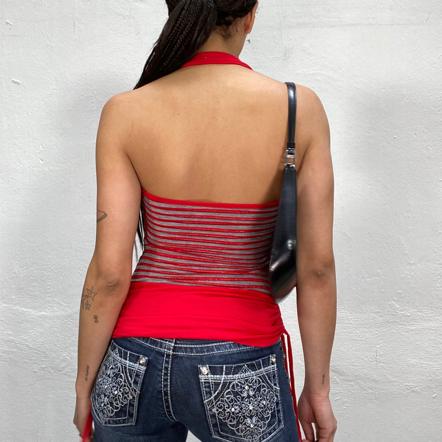 Vintage 2000's Red and Grey Striped Halter Neck Top (S/M)