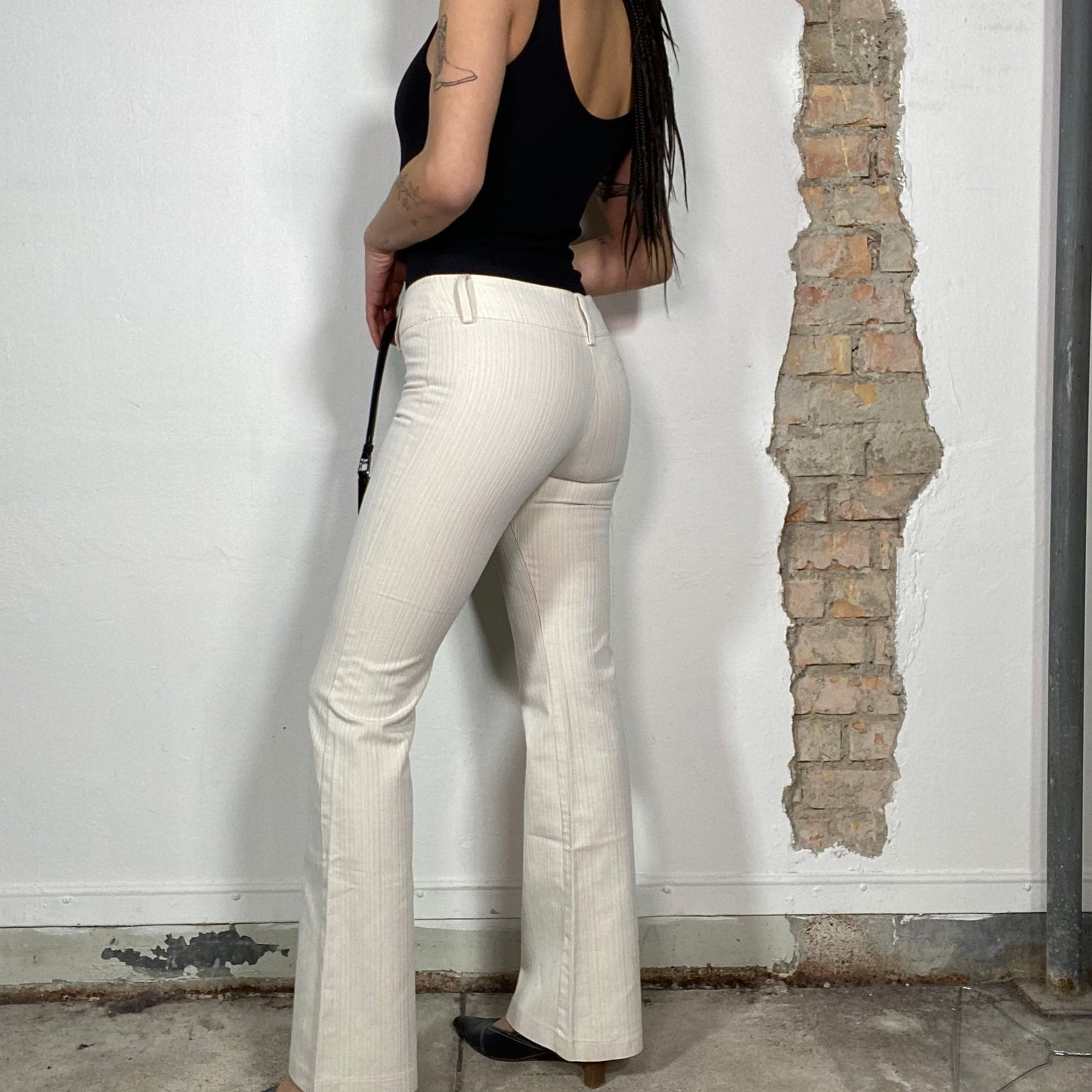 Vintage 90's Model Off Duty White and Beige Striped Flared Pants (S)