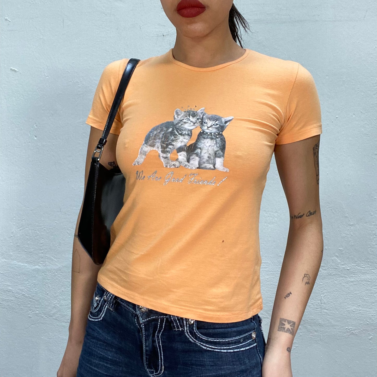 Vintage 2000's Orange Baby Tee with Kitten Print (S)