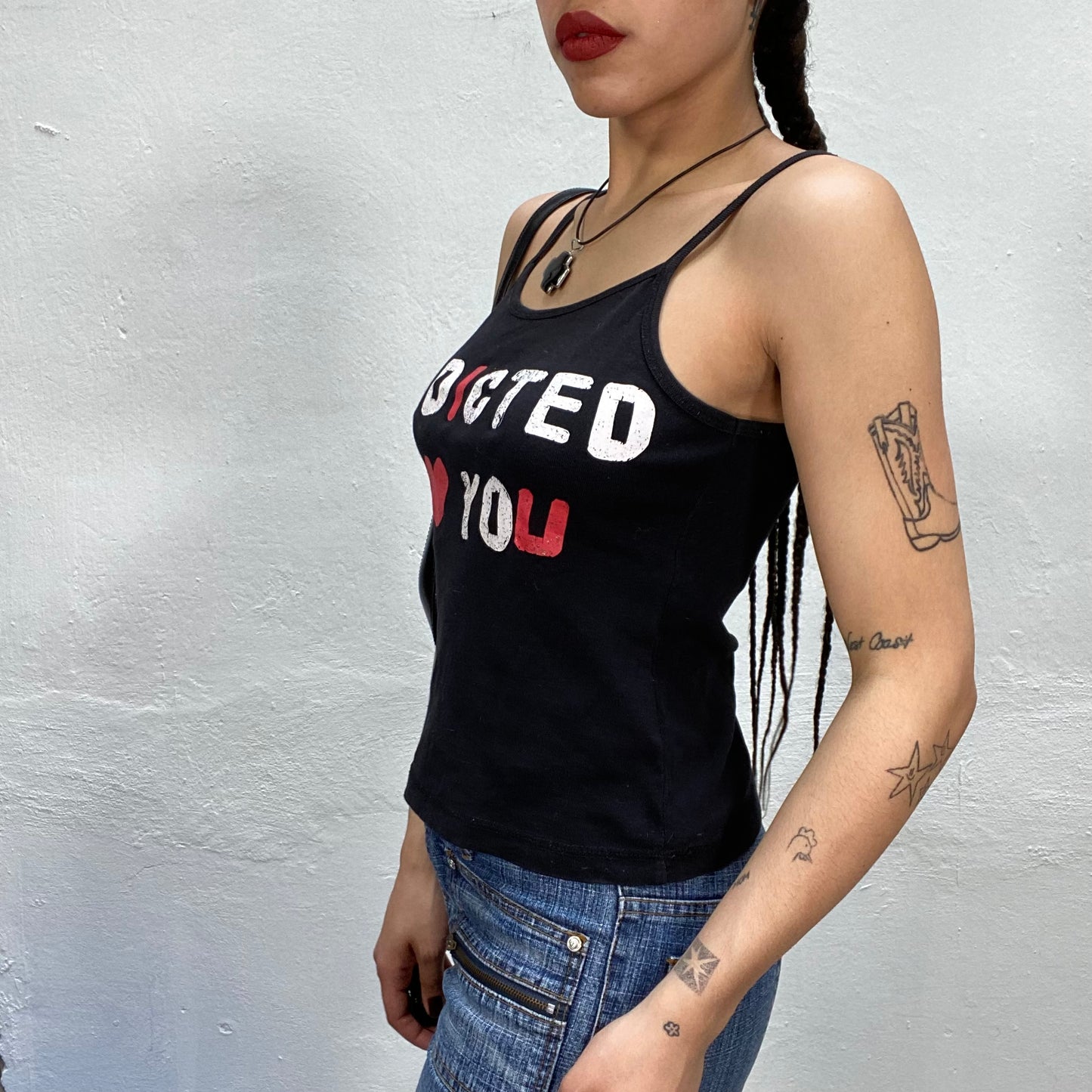 Vintage 2000's Downtown Girl Black Top with 'Addicted To You' Print (S/M)