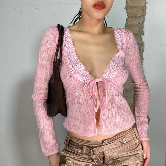 Vintage 2000's Fairy Baby Pink Knit Bolero with Lace Collar (S)