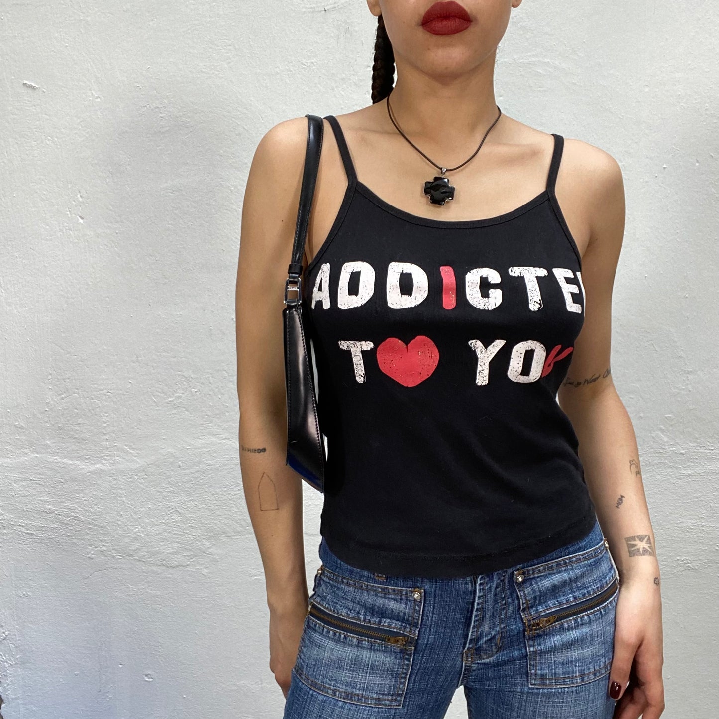 Vintage 2000's Downtown Girl Black Top with 'Addicted To You' Print (S/M)