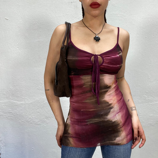 Vintage 2000's Downtown Girl Bordeaux Red and Brown Batik Halter Neck Long Shirt (S)