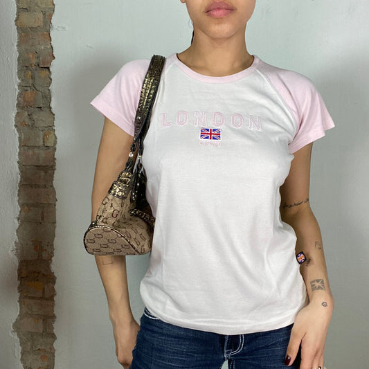 Vintage 2000's Downtown Girl White 'London' Shirt with Pink Sleeves (S)