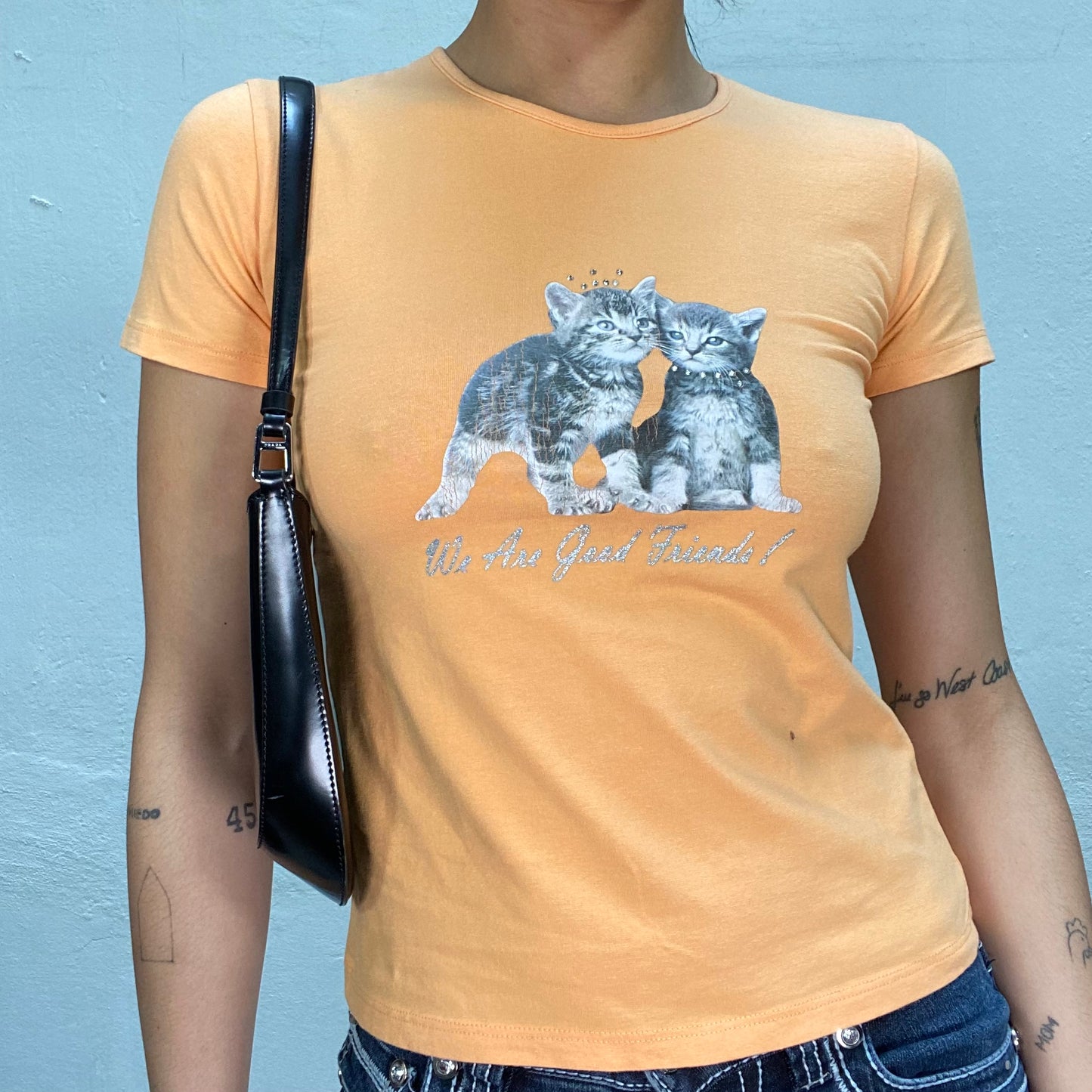 Vintage 2000's Orange Baby Tee with Kitten Print (S)