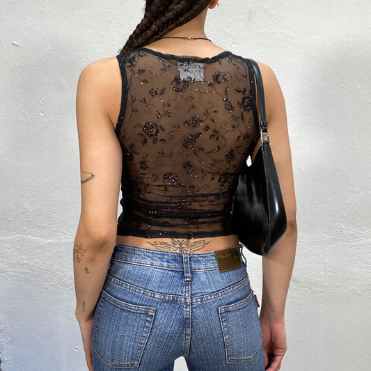 Vintage 2000's Fairy Black Mesh Tank Top with Black Flower Embroidery (S)