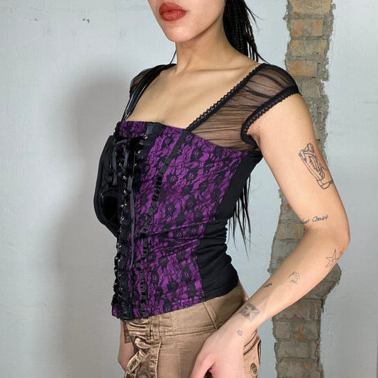 Vintage 2000's Gothic Black and Purple Lace Shirt with Lace Up Detail (S)