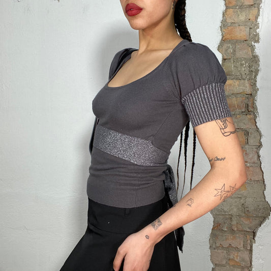 Vintage 2000's Downtown Girl Grey Knit Top with Silver Waist Band Detail (S)