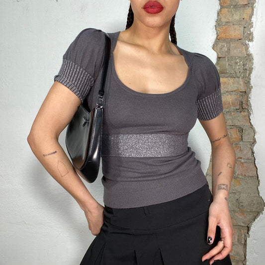 Vintage 2000's Downtown Girl Grey Knit Top with Silver Waist Band Detail (S)