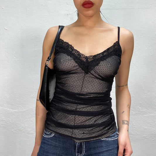 Vintage 2000's Gothic Black Mesh Cami Top with Lace Details (S)