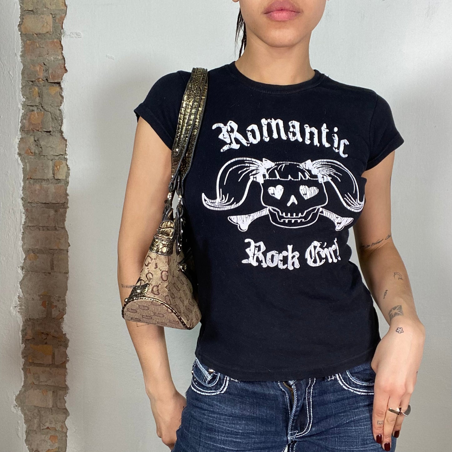 Vintage 2000's Rock Black Baby Tee with 'Romantic Rock Girl' Print (S)