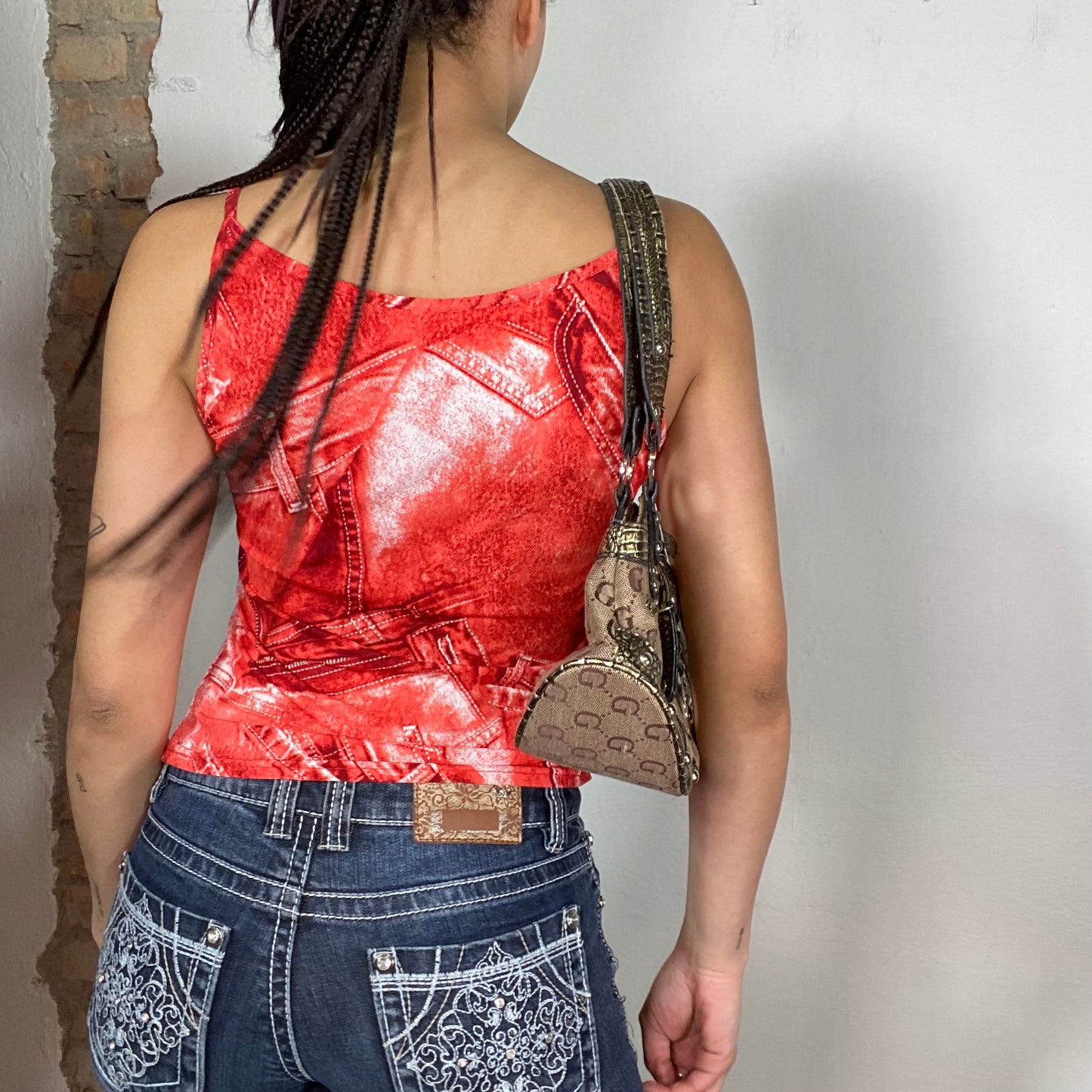 Vintage 2000's Clubwear Red High Neck Tank Top with Denim Print (S)