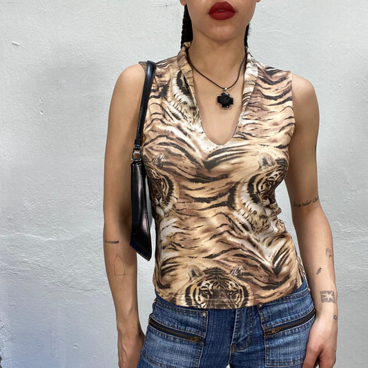 Vintage 2000's Funky Tiger Print Tank Top with Small Collar (S)