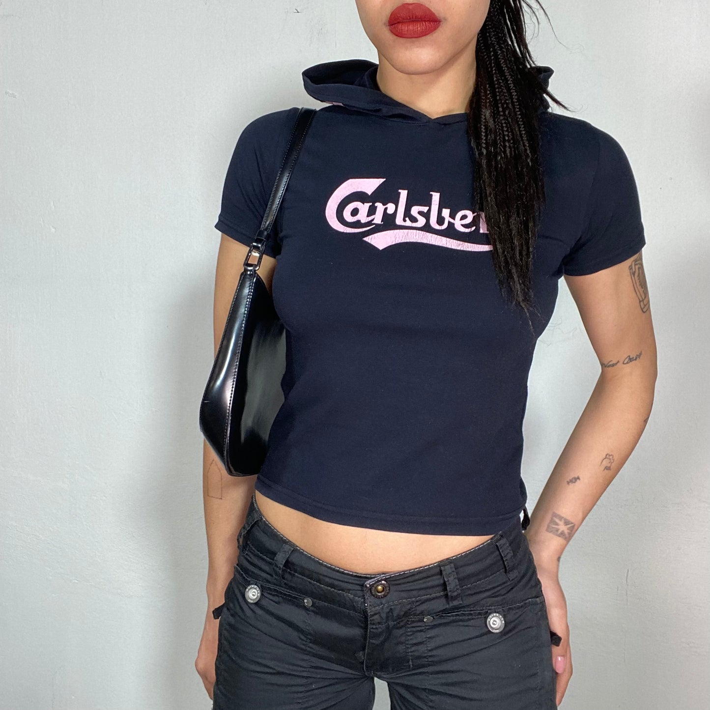 Vintage 2000's Skater Black Shirt with Hood and Pink 'Carlsberg' Print (S)