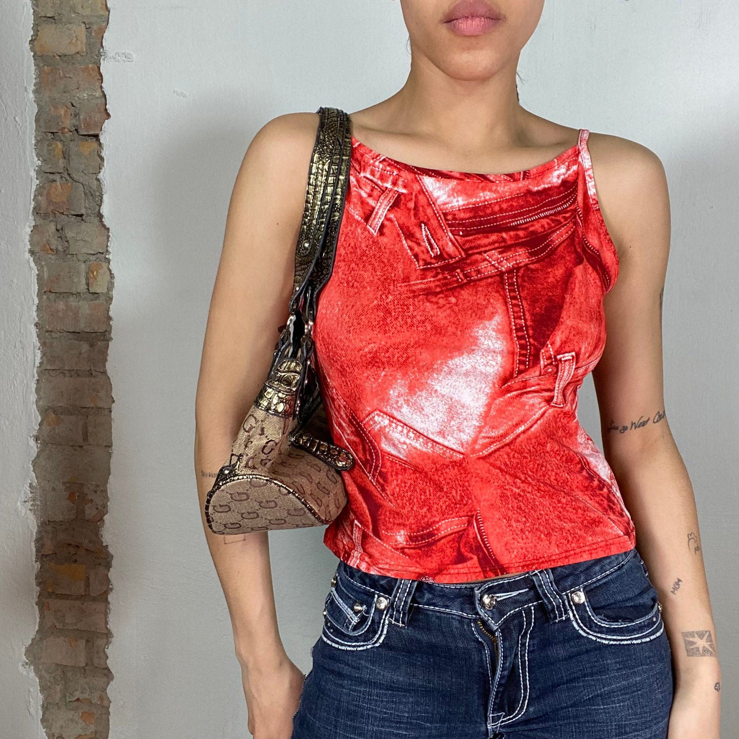 Vintage 2000's Clubwear Red High Neck Tank Top with Denim Print (S)