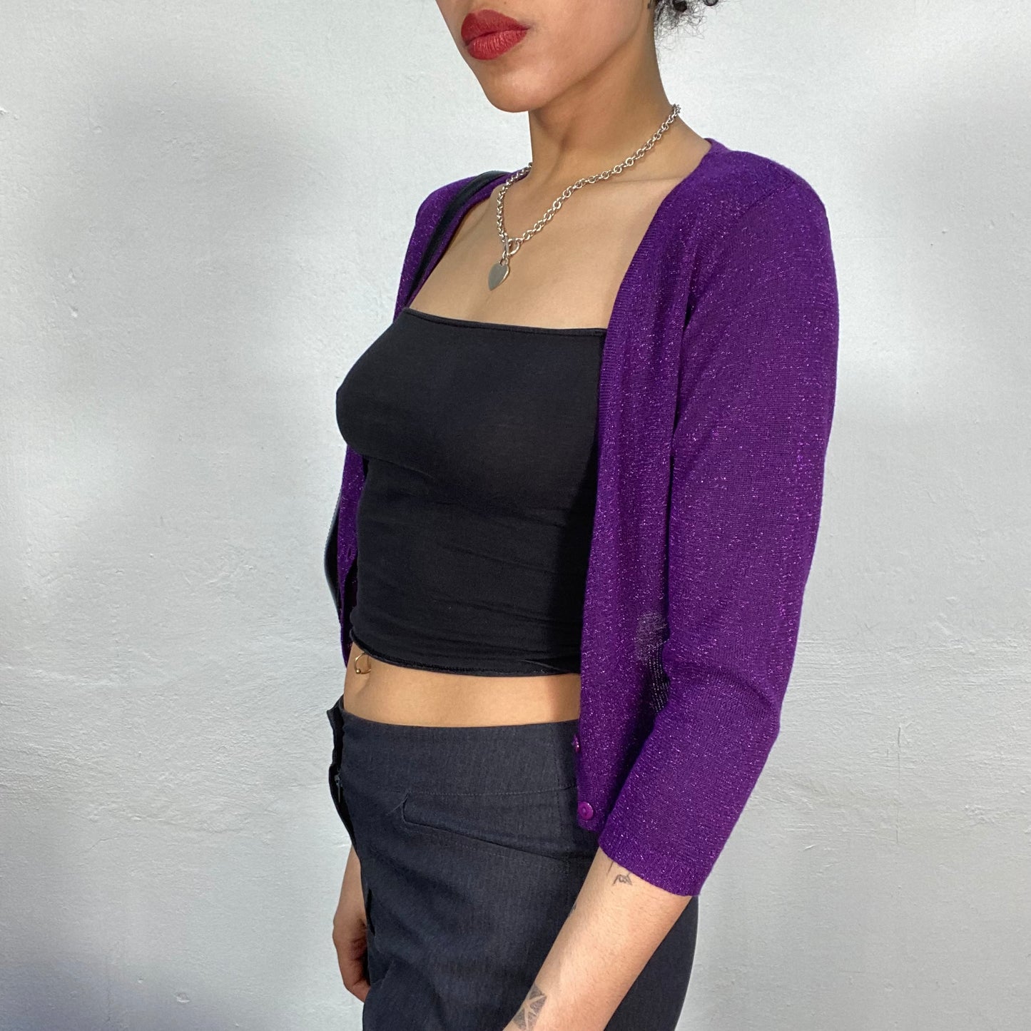 Vintage 2000's Funky Purple Glittery Cropped Midi Sleeve Cardigan (S)