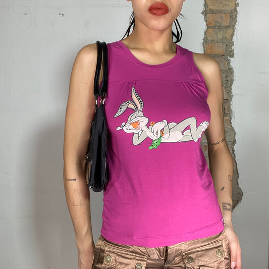 Vintage 2000's Funky Pink Tank Top with Bux Bunny Print (XS)