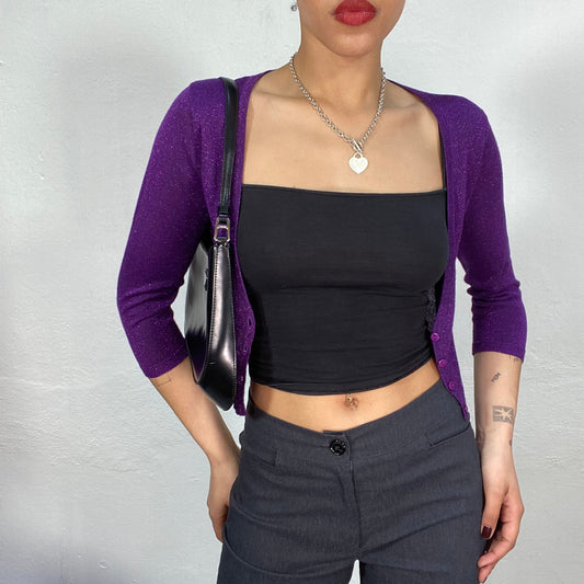 Vintage 2000's Funky Purple Glittery Cropped Midi Sleeve Cardigan (S)