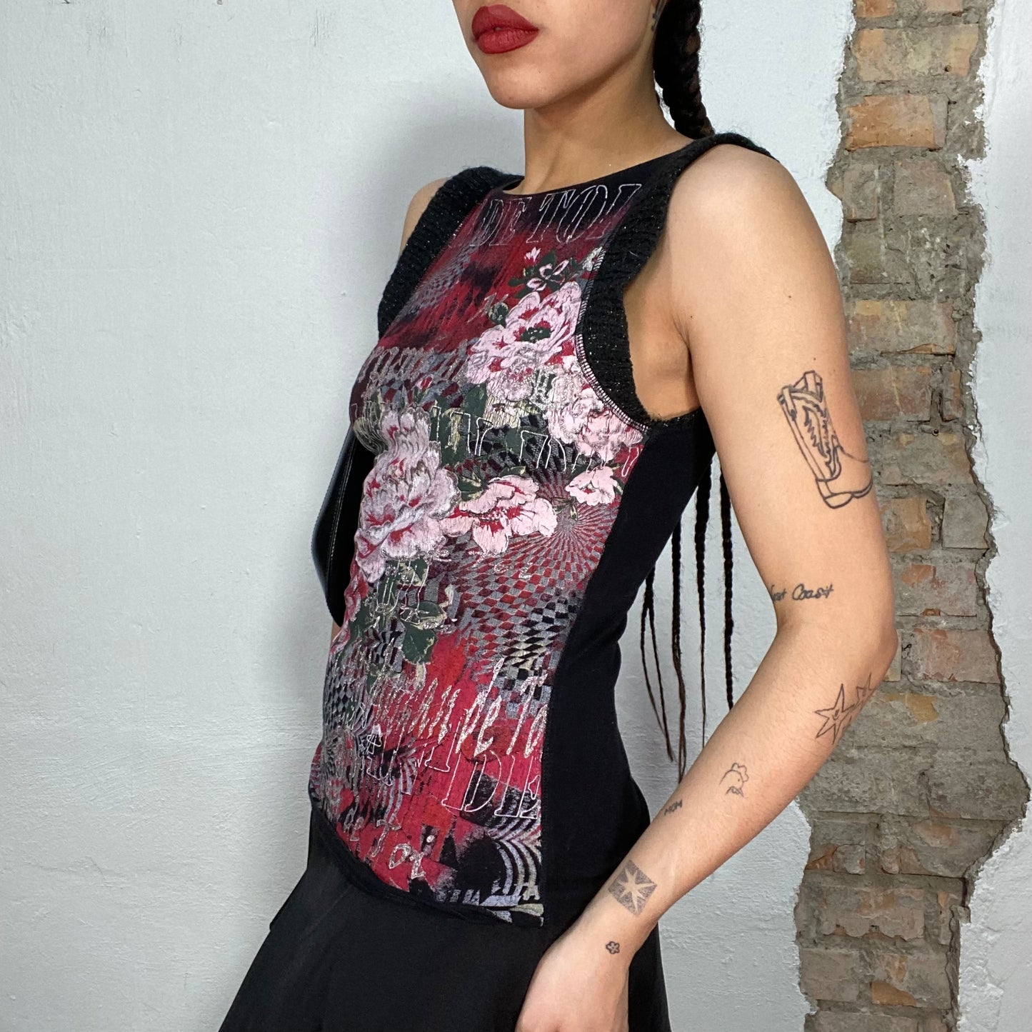 Vintage 90's Morgan De Toi Red Tank Top with Black Lace and Rocker Rose Print (S)