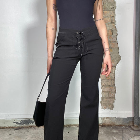 Vintage 2000's Cyber Black Flared Pants with Toggle Lace Up Detail (S)