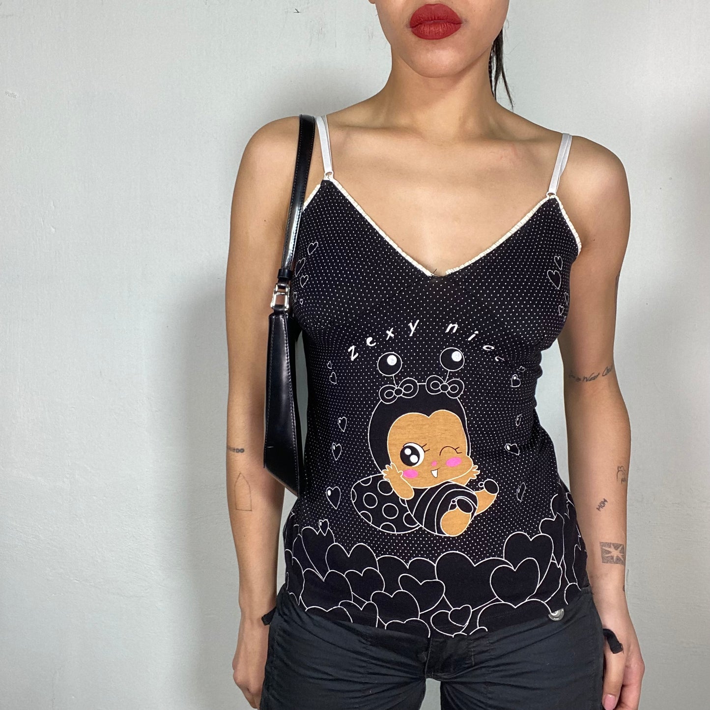 Vintage 2000's Funky Black Cami To with Polka Dots and Cute Bug Print (XS/S)