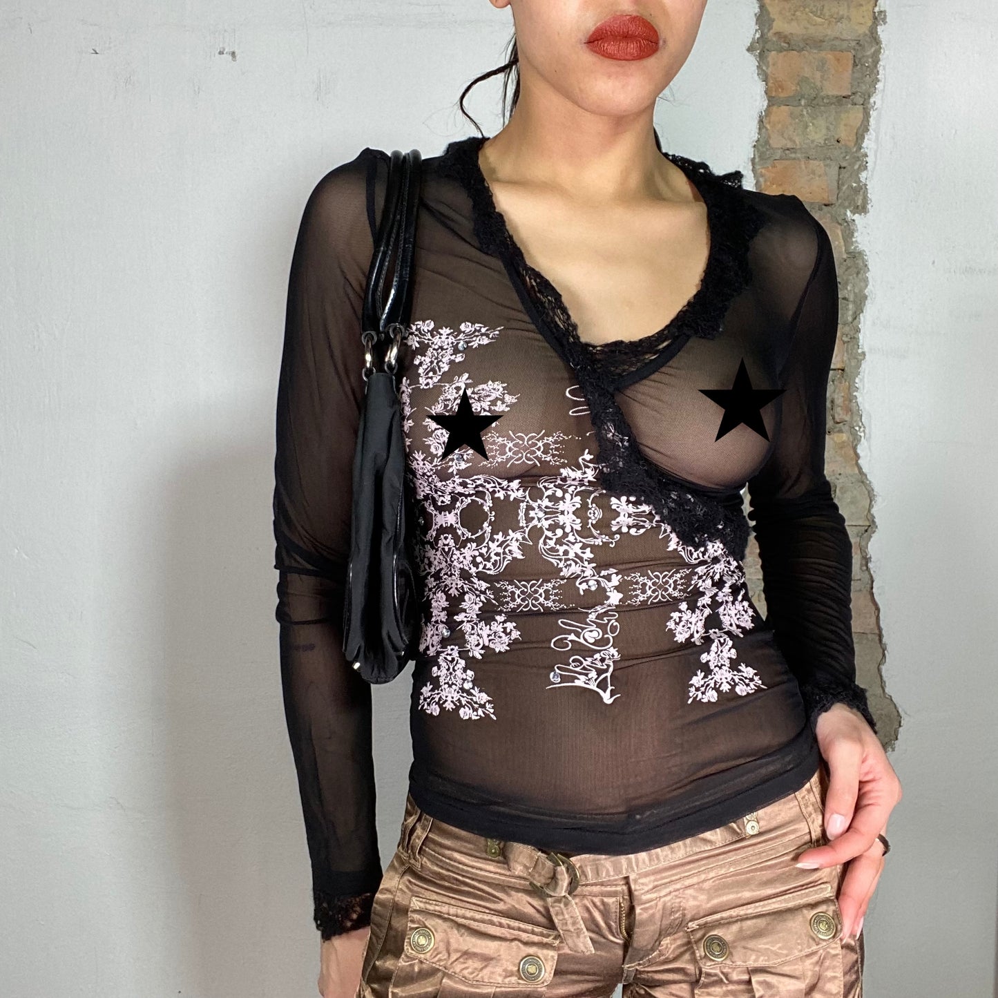 Vintage 2000's Grunge Black Mesh Top with White Flower Print (S)