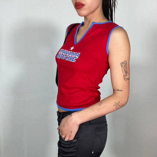 Vintage 2000's Sporty Red Tank Top with 'Havana Noche' Print and Blue Trim (S)