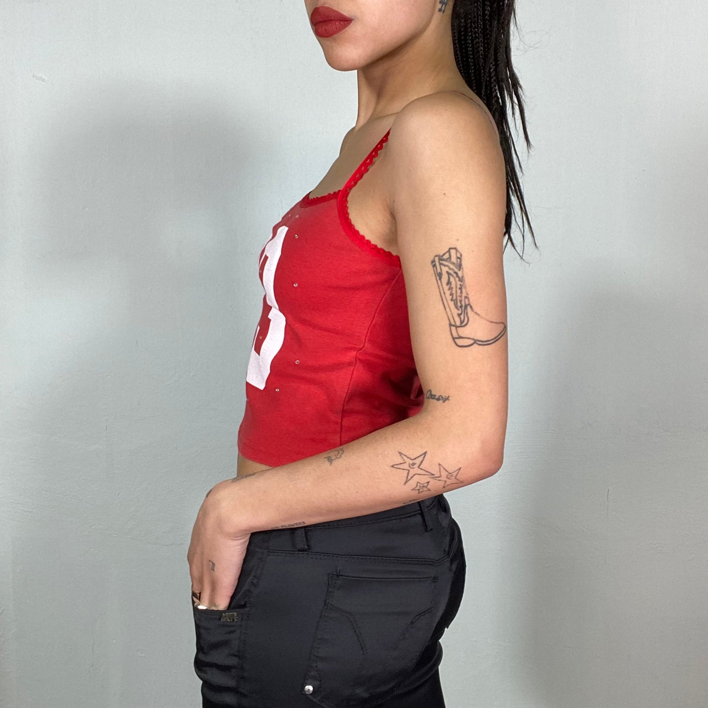 Vintage 2000's Sporty Red Crop top with '33' Print with Rhinestone Details (S/M)