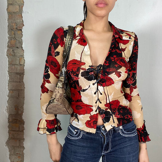 Vintage 2000's Downtown Girl Beige Midi Sleeve Red Floral Top (S)