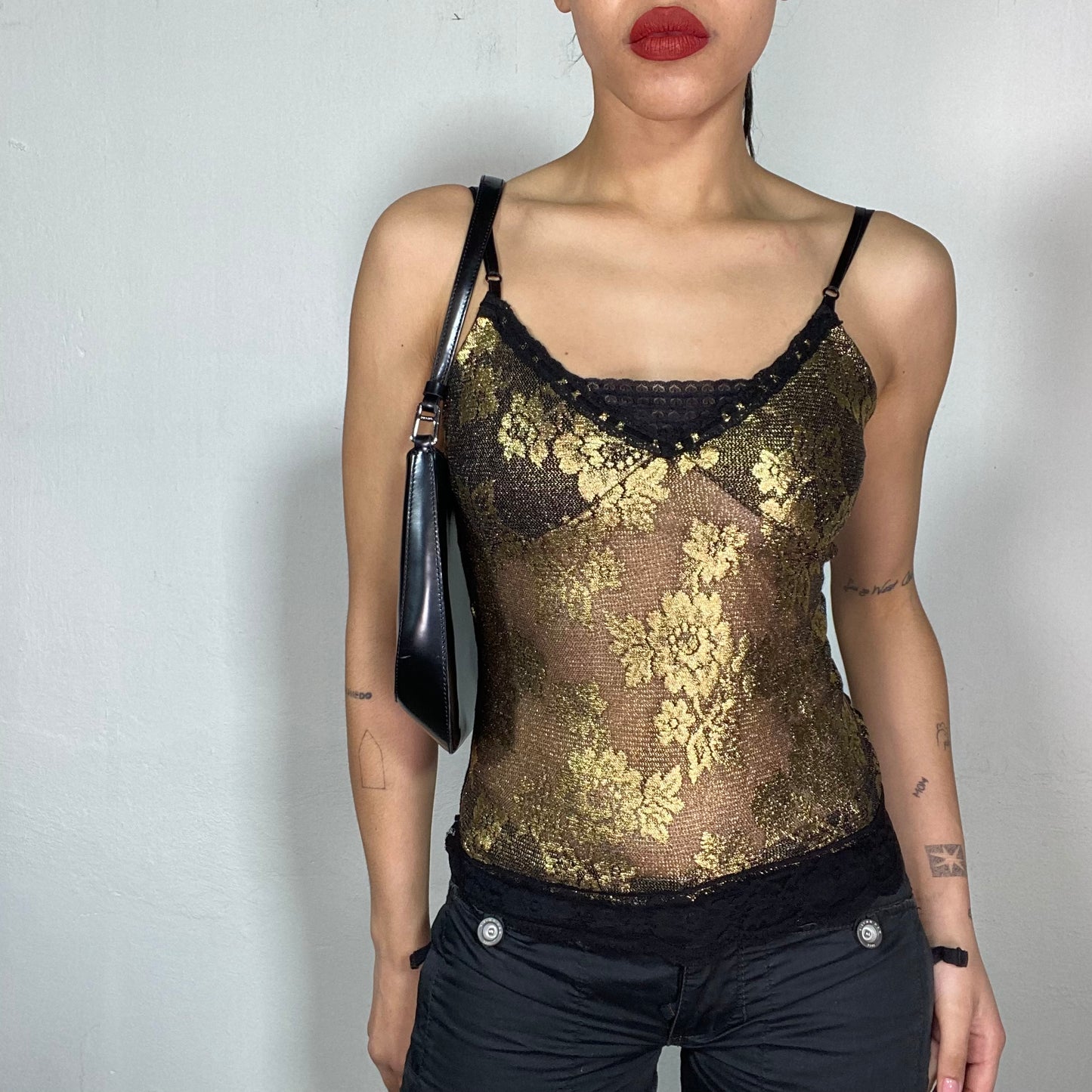 Vintage 2000's Romantic Black Lace Cami Top with Gold Flower Print (XS/S)