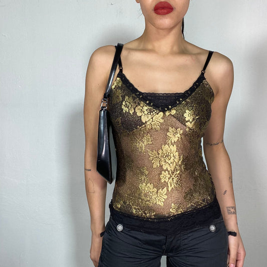 Vintage 2000's Romantic Black Lace Cami Top with Gold Flower Print (XS/S)