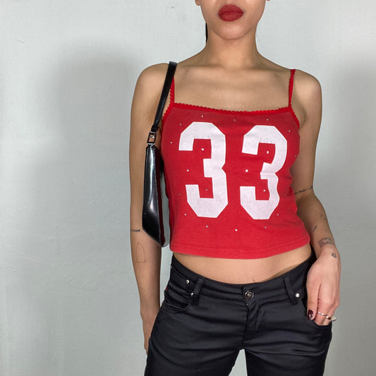 Vintage 2000's Sporty Red Crop top with '33' Print with Rhinestone Details (S/M)