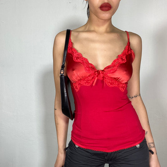 Vintage 90's Romantic Red Cami Top with Satin Bat part and Lace Trim (S)